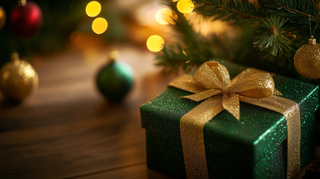 Christmas tree and gift box on a wooden background. Christmas background.の素材