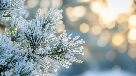 Fir branches covered with hoarfrost on a blurred background.の素材