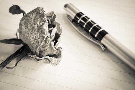 Dried rose and ball pen lay on line paper, selective focus (vintage effect)の写真素材