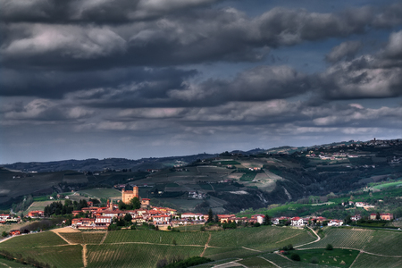 Serralunga d'Alba and its towering castle. Cuneo province, Piedmont, North Italyのeditorial素材