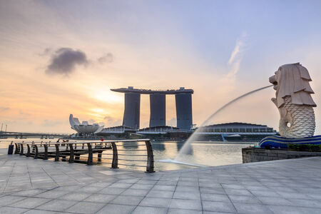 SINGAPORE - FEBRUARY 18, 2014   The Merlion fountain spouts water in front of Singapore downtown in Singapore  Merlion is an imaginary creature , often seen as a symbol of Singaporeのeditorial素材