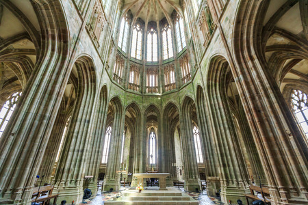 FRANCE LE MONT SAINT MICHEL 17 JUNE: Interior of the church on the top of hill of le mont saint michel on 17 June 2014. It is one of France's most recognisable landmarksのeditorial素材
