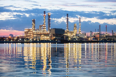 Oil refinery in Bangkok, Thailand just after sunset, petrochemical industry night sceneのeditorial素材