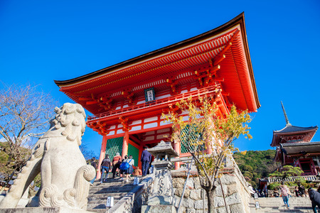 KYOTO-NOV 27: Entrance of Kyomizu Temple against blue sky on November 27, 2012 in Kyoto, Japan. Here, built in 1633, is one of the most famous landmark of Kyoto with UNESCO World Heritage.のeditorial素材