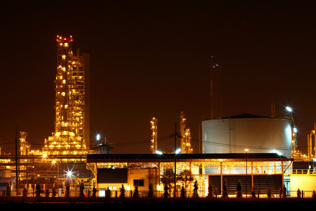 beautiful scenic of petrochemical factory in early night light with shining lightsのeditorial素材