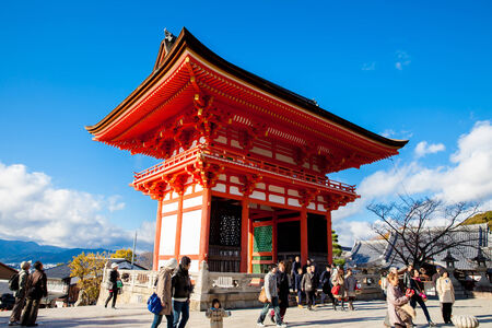 KYOTO-NOV 27: Entrance of Kyomizu Temple against blue sky on November 27, 2012 in Kyoto, Japan. Here, built in 1633, is one of the most famous landmark of Kyoto with UNESCO World Heritage.のeditorial素材