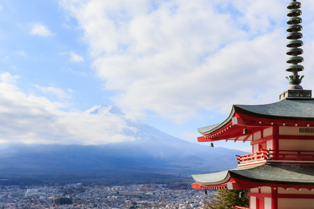 Closoe up Mt. Fuji viewed from behind Chureito Pagoda,Japan.のeditorial素材