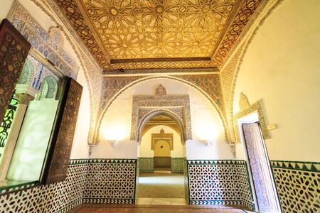 SEVILLE, SPAIN - JUNE 4, 2014  Interior of the Royal Alcazar in Seville, Spain on June 4, 2014.  Aljaferia one of the best preserved Moorish palaces in city Saragossaのeditorial素材