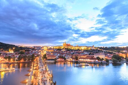 Prague caste and the Charles bridge at dusk,Czech Republicのeditorial素材