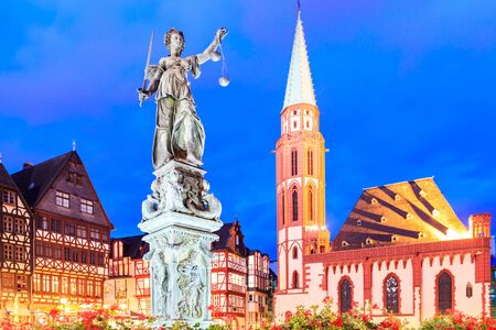 old town with the Justitia statue in Frankfurt, Germanyのeditorial素材