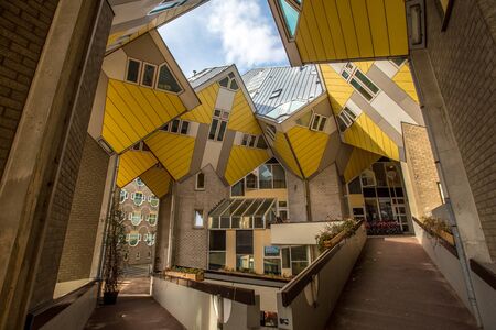 ROTTERDAM; Netherlands - APR 7: Cube houses designed by Piet Blom on April 7; 2015 in Rotterdam; Netherlands. They represents a village where each house is a tree. All the houses together a forest.のeditorial素材