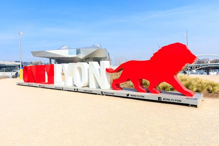 LYON, FRANCE, MARCH 15, 2016 : OnlyLyon, the city branding word in front of the Musee des Confluences, a science and anthropology museum at the confluence of Rhone and the Saone rivers.のeditorial素材