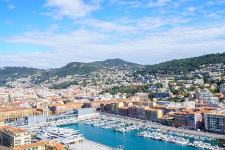Aerial View on Port of Nice and Luxury Yachts, French Riviera, Franceのeditorial素材