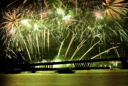 Fireworks Display against Singapore Skylineの写真素材