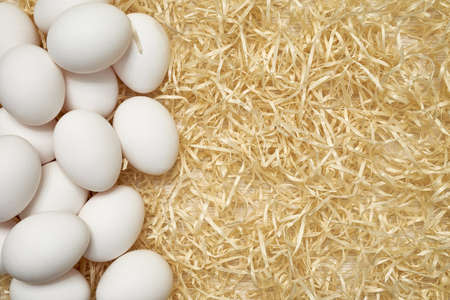 White chicken eggs in on wood shavings. Easter. Shooting from above close up. Pattern. Place for...