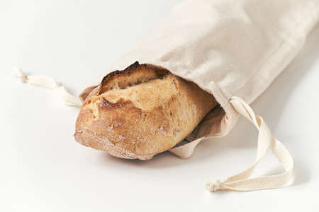 Cotton baguette bag with drawstring. Reusable french bread bag. Zero waste food storage.の写真素材