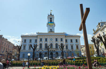 Chernivtsi, Ukraine - 01/05/2022: Chernivtsi City Hall in the style of classicism. Administrative...