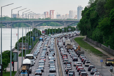Kyiv, Ukraine - 05.14.2019. A working day in the capital. Traffic jams on city roads during rush hour.のeditorial素材