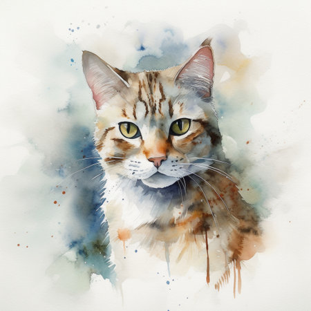Watercolor portrait of a cat on a background of blue sky.の素材