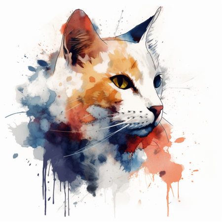Watercolor portrait of a cat with colorful splashes on white backgroundの素材
