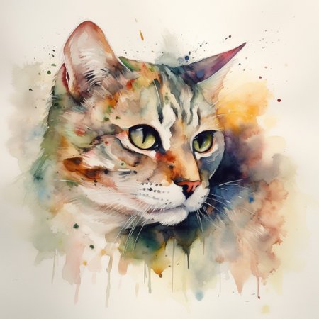 Watercolor portrait of a cat with green eyes. Hand drawn illustration.の素材