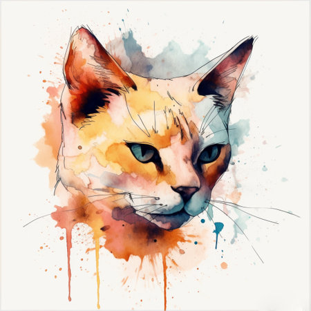 Watercolor portrait of a cat on a white background with splashesの素材