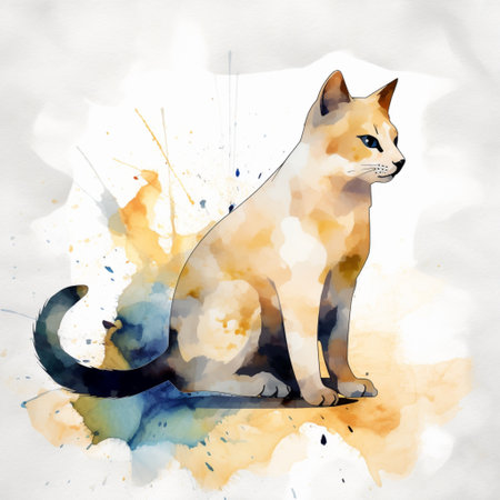 Watercolor illustration of a cat sitting on a watercolor background.の素材