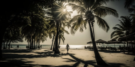Silhouette of a man walking on the beach with palm treesの素材
