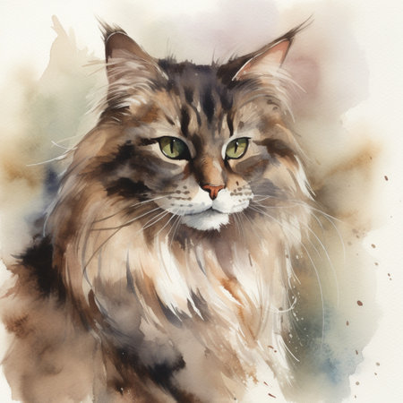Watercolor portrait of Maine Coon cat. Hand drawn illustration.の素材