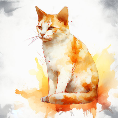 Watercolor painting of a cat sitting on a white background, vector illustrationの素材