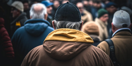 Rear view of a senior man with a cap on his head in the crowdの素材