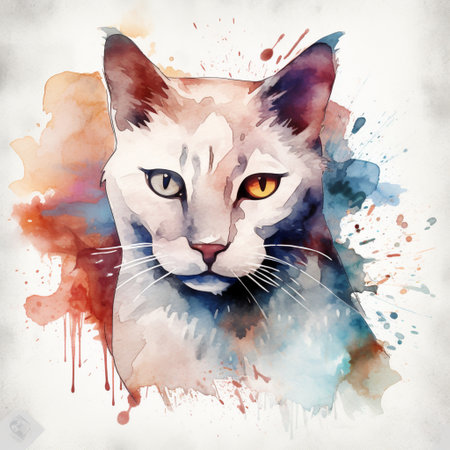 Watercolor portrait of a cat on a white background with splashesの素材