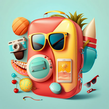 Summer holiday background with backpack, sunglasses, camera and fruit. illustrationの素材