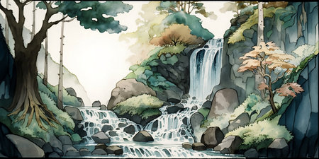 Watercolor painting of a waterfall in the forest. Vector illustration.の素材