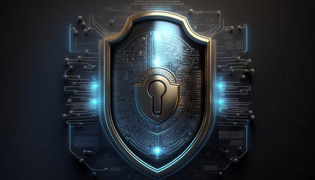 Cyber security concept. Shield with keyhole on dark background. 3d illustrationの素材