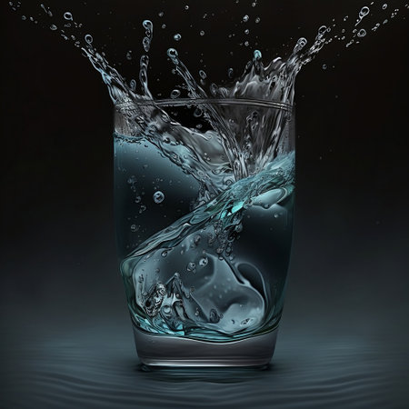 Glass of water with splash on dark background. 3d illustration.の素材
