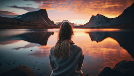 Woman sitting on the shore of a mountain lake in Iceland at sunsetの素材