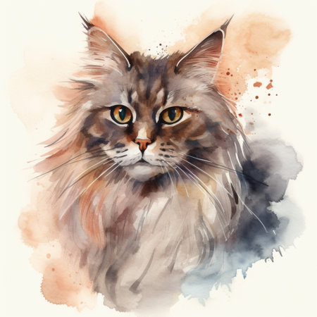 Watercolor portrait of a Maine Coon cat. Digital painting.の素材