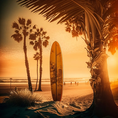 Surfboard on the beach with palm trees at sunset. Toned.の素材