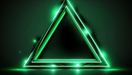 Neon triangle with green lights on dark background. Vector illustration.の素材