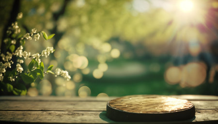 Wooden table in front of blooming spring garden with bokehの素材