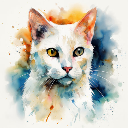 Hand drawn watercolor portrait of a cat on a white background.の素材