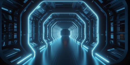 futuristic scifi tunnel corridor with glowing lights 3d rendering wallpaper backgroundの素材