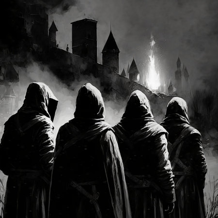 Castle in the fog. Noir et blanc. Fantasy painting.の素材