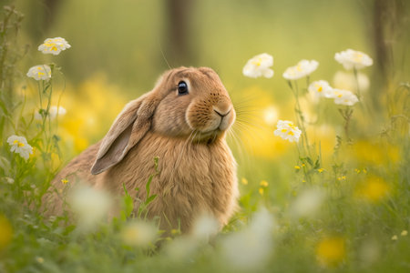Rabbit on a meadow with yellow flowers in springtime.の素材