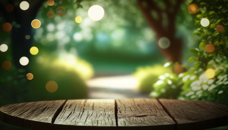 Empty wooden table and abstract bokeh background. For product displayの素材