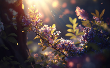 Beautiful spring landscape with blooming tree and sun rays. soft focusの素材