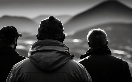 Back view of a group of friends looking at the mountains. Black and white photo.の素材