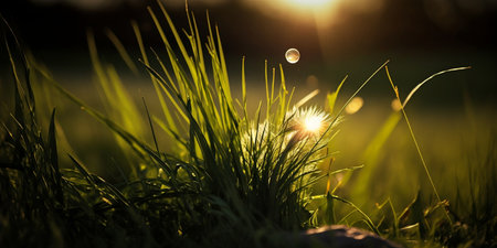 Green grass with dew drops in the sunset. Nature background.の素材