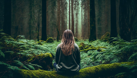 A young woman sitting on a mossy forest floor looking into the distanceの素材